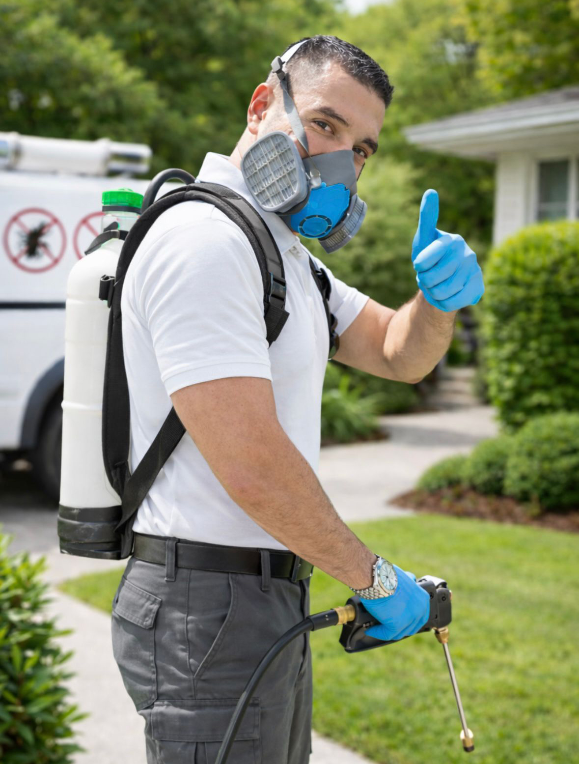 מדביר מוסמך מבית Bio Israel בחולצה לבנה וציוד מיגון מלא נותן לייק על רקע רכב החברה וגינה