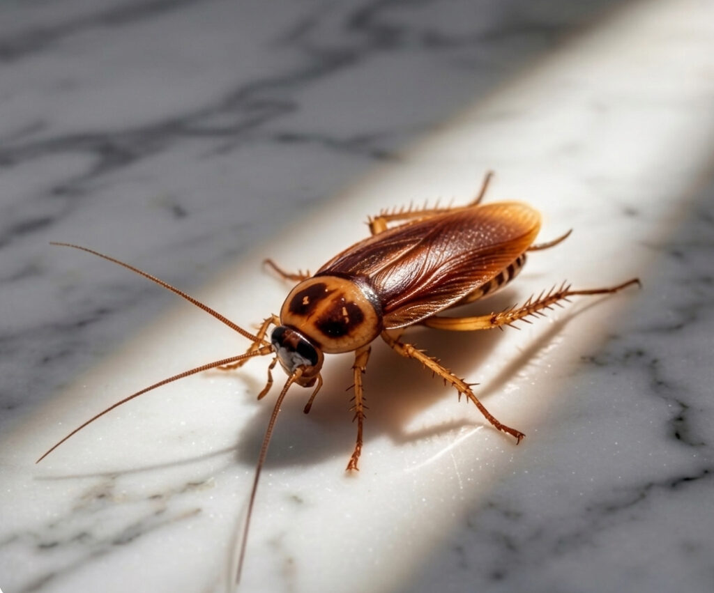 תיקן אמריקאי גדול על משטח שיש במטבח, מוצג תחת קרן אור טבעית המדגישה את גופו והמחושים שלו.