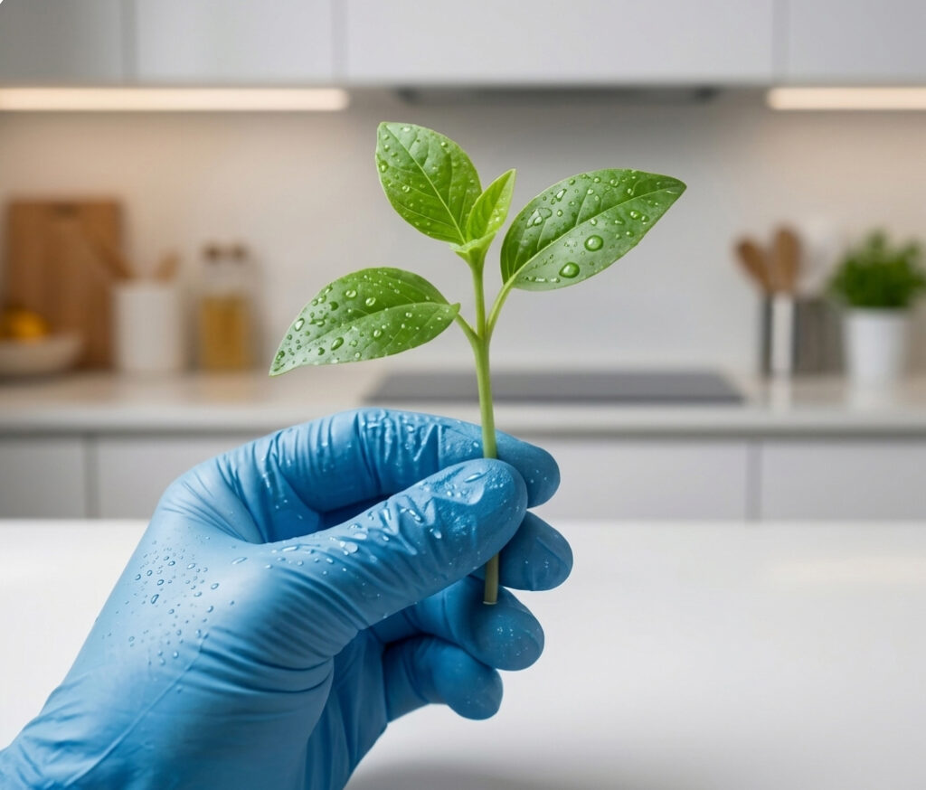 יד עטויה בכפפת ניטריל כחולה מחזיקה נבט ירוק ורענן עם טיפות מים, על רקע מטבח מודרני בהיר ומטושטש.