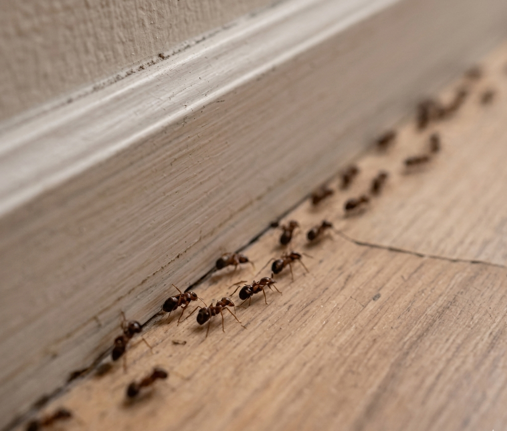 שיירת נמלים חומות צועדת בטור על רצפת פרקט בהירה לאורך פנל לבן בתוך בית.